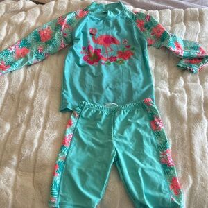 Kids Floral Flamingo Rash Guard Set - Turquoise & Pink